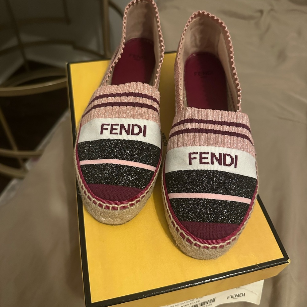 Fendi Rockoko pink Logo-woven striped metallic stretch-knit espadrilles